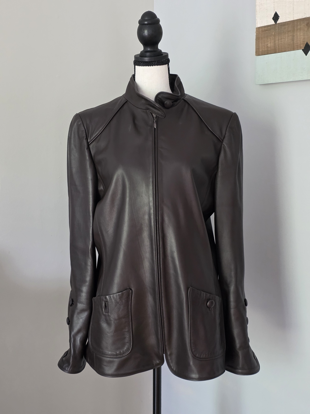 Oscar de la Renta Dark Brown Leather Zip Jacket